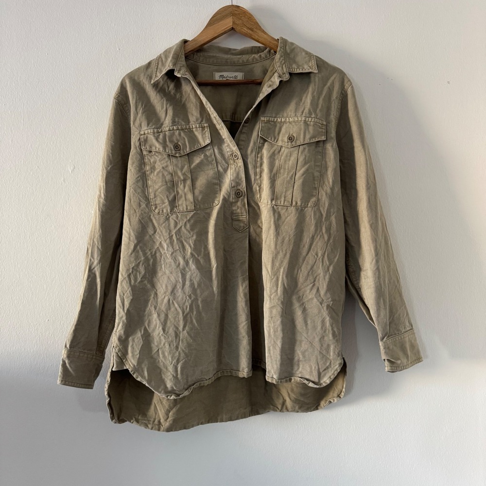 Madewell Khaki Tan Cotton Utility Popover Shirt Womens M Long Sleeve Y2K Cargo